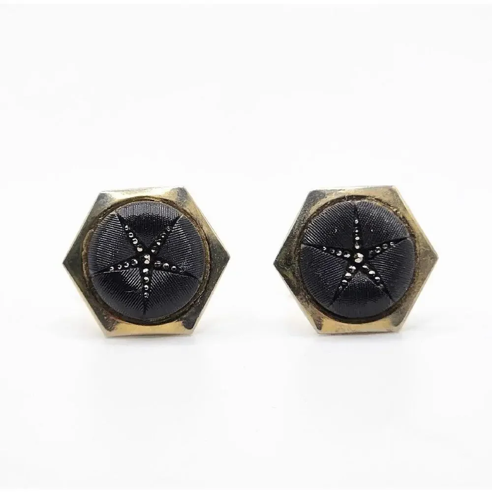 Vintage Oldak Mid-Century 1950’s Modern Art Black Hexagon Marcasite Cufflinks